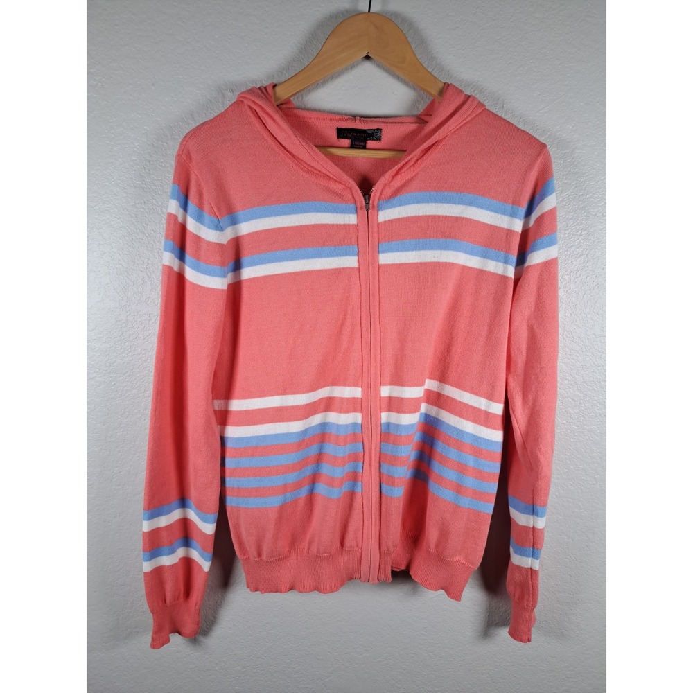 JW Style Womens Coral Pink Striped Full Zip Cotton Knit Hoodie Sweater Size L